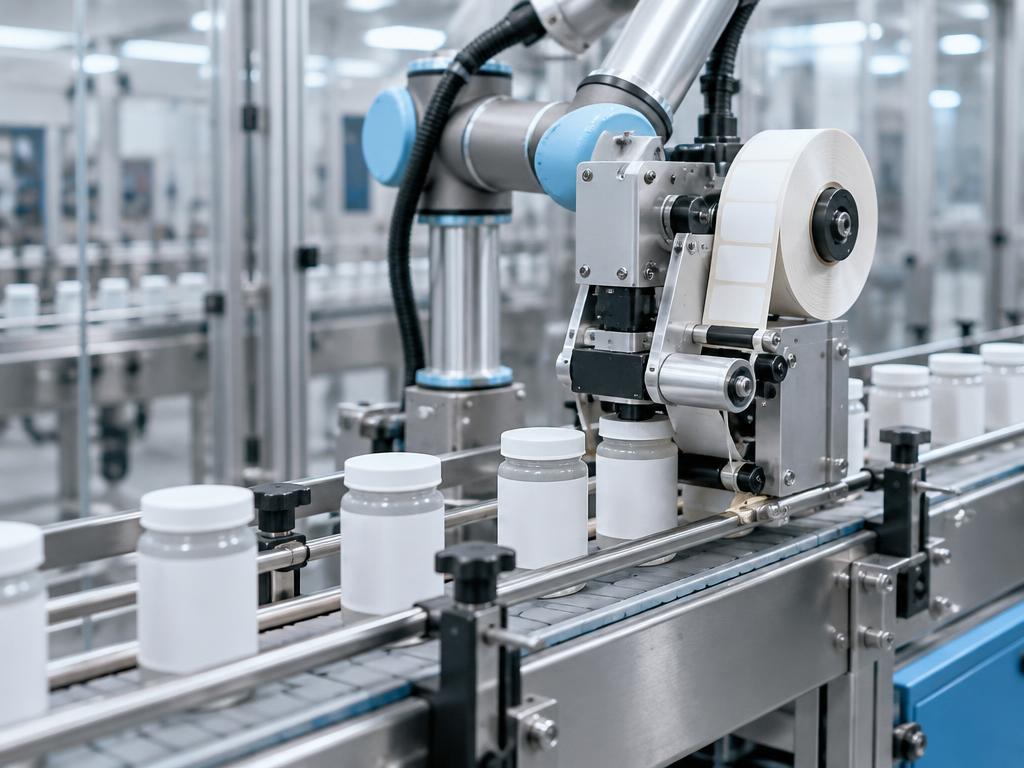 Automated labelling machine on a production line