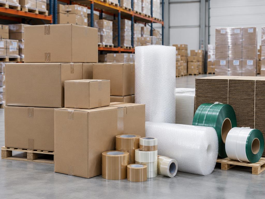 Corrugated boxes and packaging consumables in a warehouse