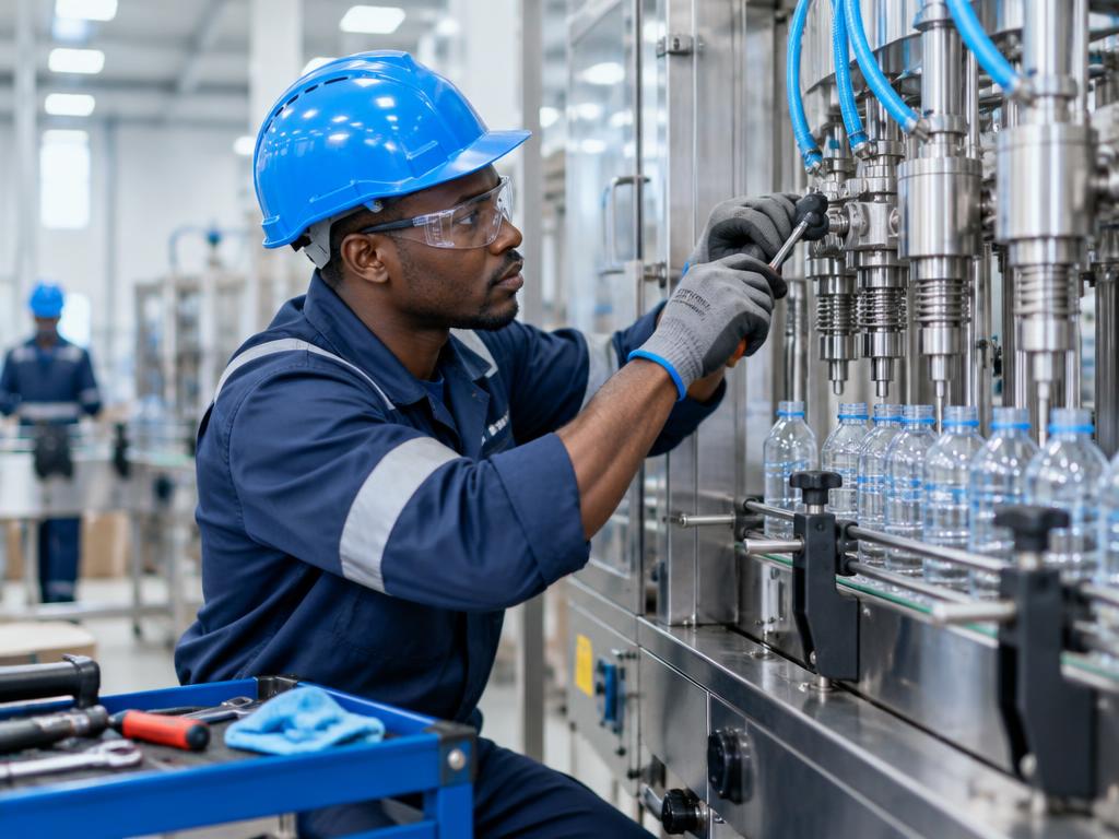 Technician servicing industrial packaging machinery